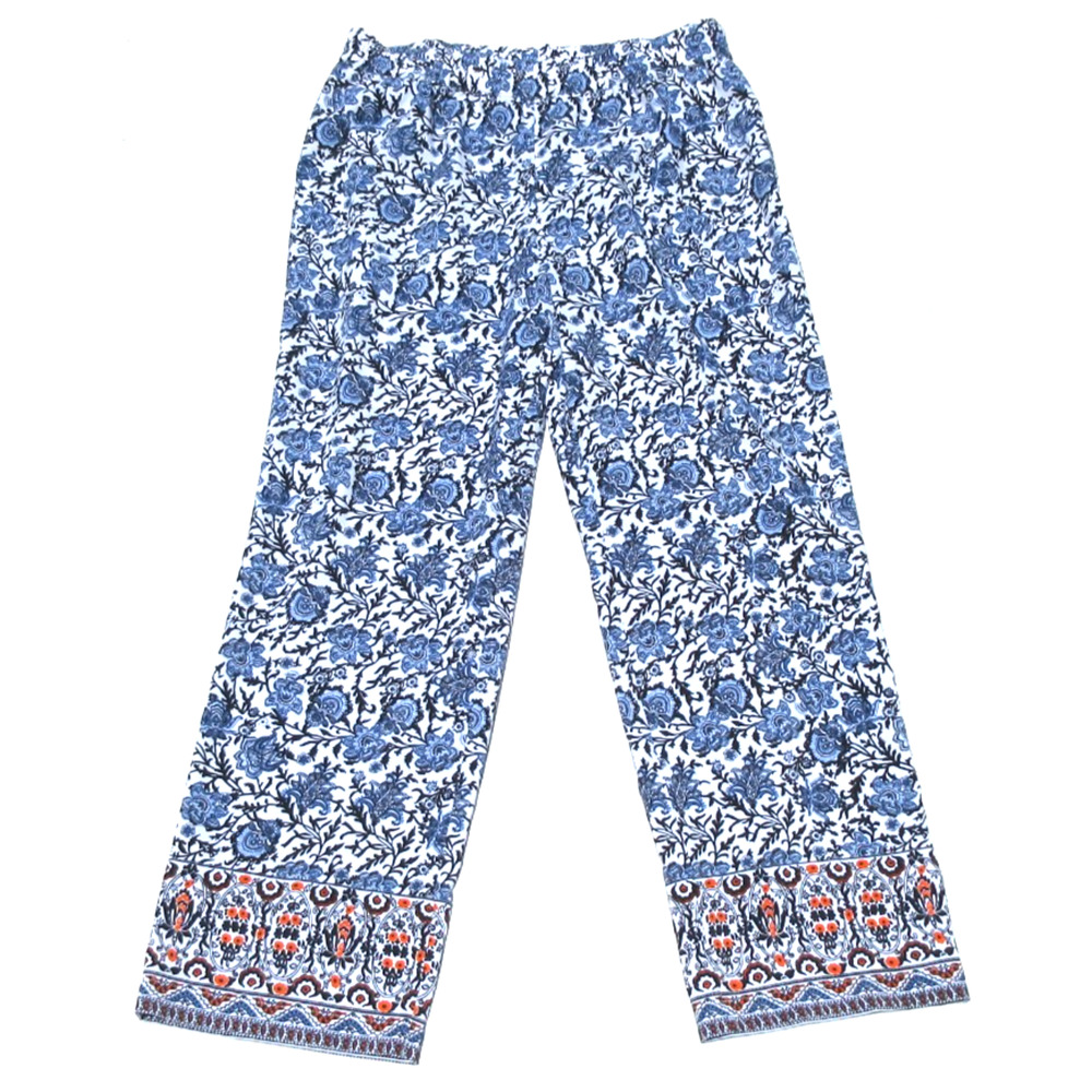 Talbots Womens 10 Blue-White Floral Print Lightweight Elastic-Waist Boho Pants - Picture 3 of 6